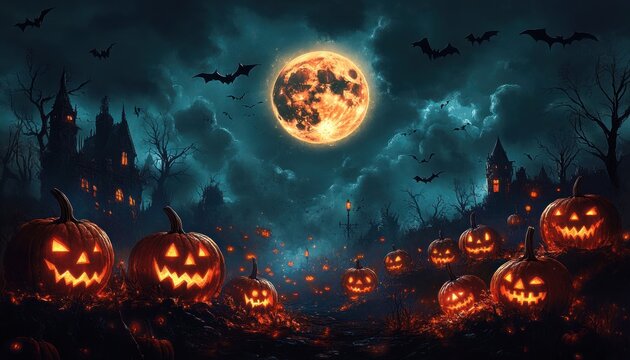 Spooky scene with glowing jack-o'-lanterns lining a path under a large full moon surrounded by bats and eerie clouds, with dark haunted houses and bare trees in the background