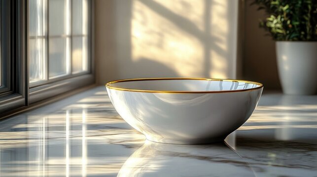 white ceramic bowl with gold rim on a shiny marble countertop illuminated by sunlight through a window with plant in white pot in the background