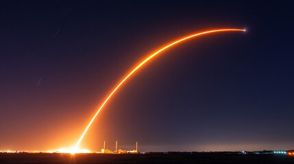 A rocket streaking across a dusk sky, leaving a glowing trail that symbolizes ambition, aspiration, and the pursuit of dreams. The warm tones of sunset blend with the luminous trail, evoking a sense o