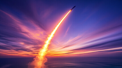 A rocket streaking across a dusk sky, leaving a glowing trail that symbolizes ambition, aspiration, and the pursuit of dreams. The warm tones of sunset blend with the luminous trail, evoking a sense o