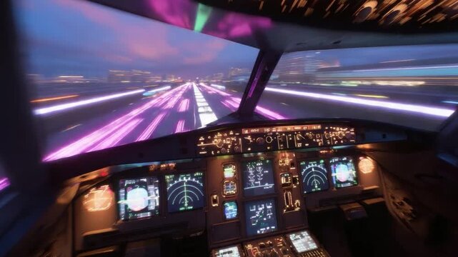 View from the Cockpit: A mesmerizing view from the cockpit of a plane as it glides down a runway illuminated by vibrant lights at dusk, creating a breathtaking display of motion and light.