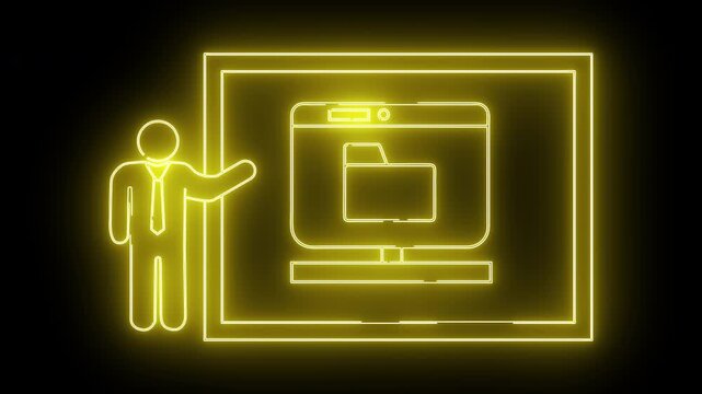A neon outline of a person presenting a computer display with a folder set against a stark black background