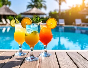 Three vibrant drinks by a pool