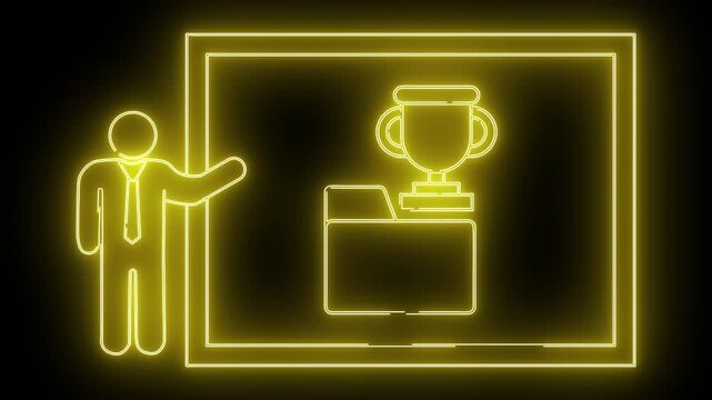 A glowing yellow neon outline shows a man presenting a trophy on a file folder inside a square border against a dark background