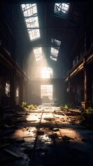 Fototapeta premium Dusty sunlit ruin with skylights, rails and vines