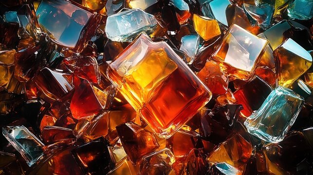 Close-up of colorful translucent glass pieces illuminated with light creating warm amber and cool blue reflections