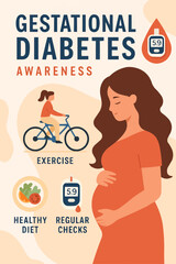 Flat vector of creative gestational diabetes awareness poster with icons and pregnancy tips