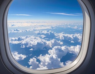 View from an airplane window above the clouds