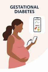 Flat vector of pregnant woman using mobile app to track glucose and meals for gestational diabetes