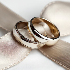 Close up of two gold wedding rings resting on a shimmering beige ribbon on a white surface view