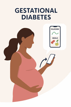 Flat vector of pregnant woman using mobile app to track glucose and meals for gestational diabetes