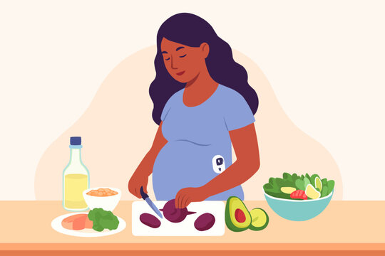 Flat vector of pregnant woman preparing balanced meal with gestational diabetes-friendly ingredients