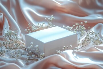 Elegant white box surrounded by delicate white baby's breath flowers resting on soft, flowing peach and cream satin fabric, creating a serene and luxurious scene
