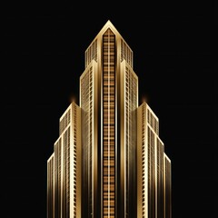 Illuminated golden skyscraper with sharp vertical lines against a dark background, reflecting modern architecture and elegance