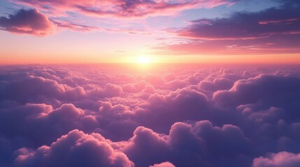 Soft fluffy clouds illuminated by pink and purple hues under a glowing sunset sky creating a serene and peaceful atmosphere