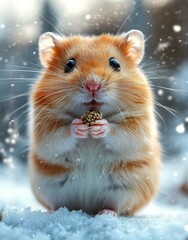 Close-up of a small orange and white hamster holding a pine cone while standing on snow with a blurred snowy background, evoking a gentle and peaceful mood