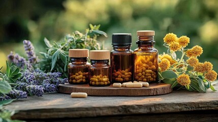 Small brown glass bottles filled with yellow capsules placed on a wooden surface surrounded by fresh green leaves and purple and yellow flowers in natural light
