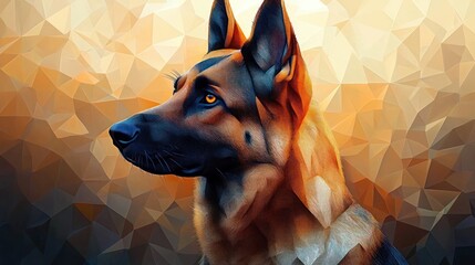 close-up of a thoughtful german shepherd dog looking to the side with warm, geometric abstract background in shades of orange and blue