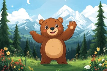 Happy cartoon brown bear standing with open arms in a vibrant flower meadow with tall evergreen trees and snow-capped mountains under a blue sky