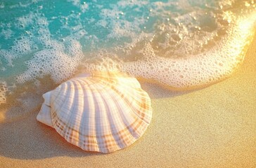Seashell resting on sandy beach near gentle turquoise waves with foamy water illuminated by warm sunlight