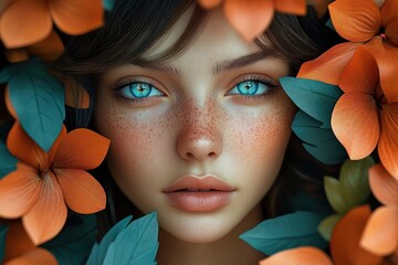 Close-up of a young woman with bright blue eyes and freckles surrounded by vibrant orange flowers and green leaves, conveying a serene and natural beauty