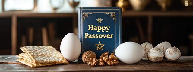 Traditional Passover elements including matzah crackers, white eggs, walnuts, and a book with festive greeting on rustic wooden surface