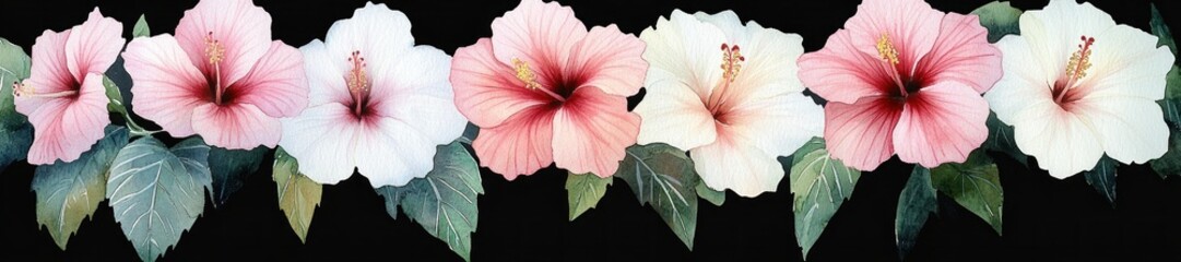 Row of large hibiscus flowers in soft pink and white shades with green leaves on a black background, depicting delicate tropical floral beauty