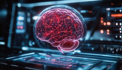 Futuristic glowing digital human brain hologram displayed above a high-tech touchscreen interface in a dark laboratory setting