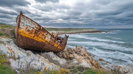 Rusted shipwreck rests near a rugged rocky shore, evoking abandonment, history, maritime adventure, and the powerful interplay of decay and nature.
