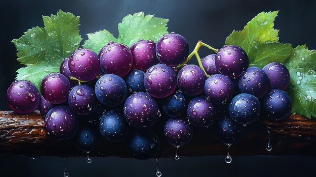 A close-up of a fresh bunch of purple and blue grapes with water droplets on them, attached to a vine with green leaves and a dark background