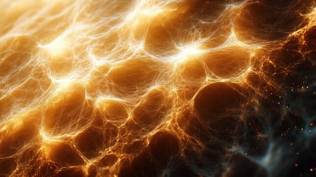 Abstract glowing network of golden light filament structures resembling organic or neural web with dark contrasting background - Powered by Adobe