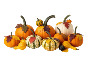 A variety of pumpkins and gourds with leaves, arranged in a pile on a white background.