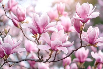 Obraz premium Close-up of blooming pink magnolia flowers on tree branches in soft natural light, evoking beauty and tranquility of spring season