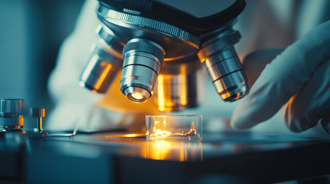 scientist’s hand holding and observing a small sample, highlighting the precision, care, and analytical focus in scientific research. The scene conveys laboratory professionalism, curiosity, and metic
