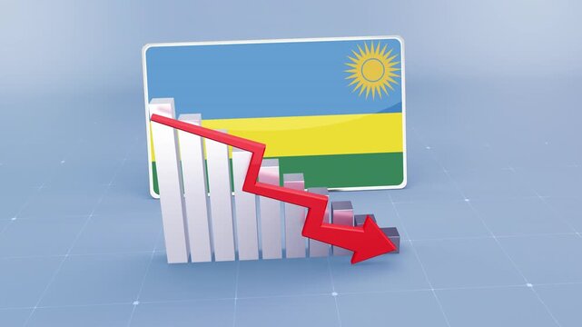 Rwanda Flag and Bar Chart Graph Showing Decreasing Values a Red Arrow Economic Crisis Concept