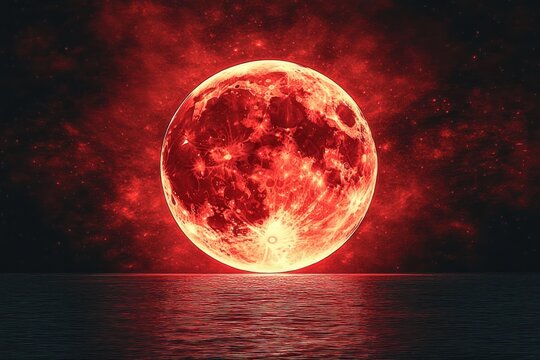 Large bright red moon illuminating the dark sky and reflecting on calm water surface with dramatic glowing red clouds