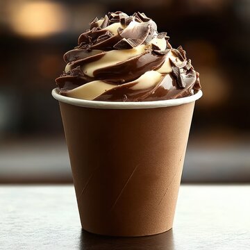Close-up of a brown paper cup filled with swirled chocolate and vanilla soft serve topped with chocolate shavings on a blurred background