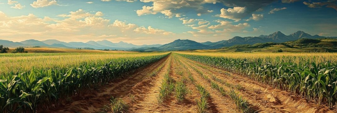 Expansive agricultural field with rows of growing corn plants under a partly cloudy sky and distant mountain range, evoking calm and natural beauty