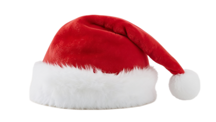 Classic red Santa hat with white fluffy trim and a pompom, a traditional Christmas accessory for festive holiday celebrations, isolated on white