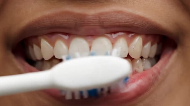 Close Up Of Woman Brushing Teeth with Toothbrush Dental Hygiene - Powered by Adobe