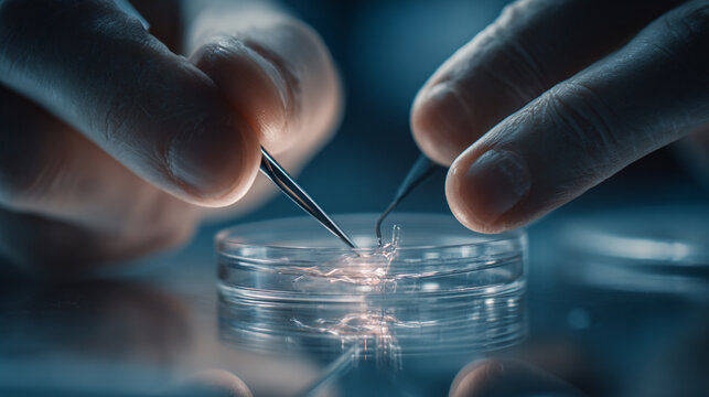 scientist’s hand holding and observing a small sample, highlighting the precision, care, and analytical focus in scientific research. The scene conveys laboratory professionalism, curiosity, and metic