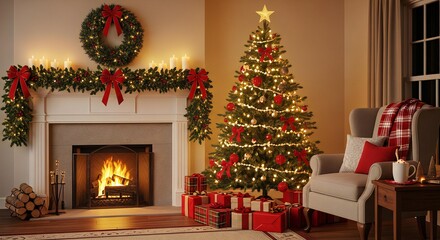 Warm Christmas evening with cozy fireplace, decorated tree and presents creates holiday cheer in a festive setting