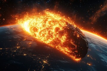 Massive fiery asteroid blazing through space approaching planet Earth with glowing city lights visible on the night side beneath