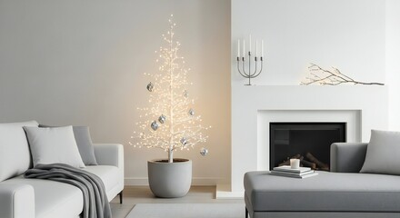 Elegant white Christmas tree with ornaments adding modern holiday cheer to a sleek minimalist living room space