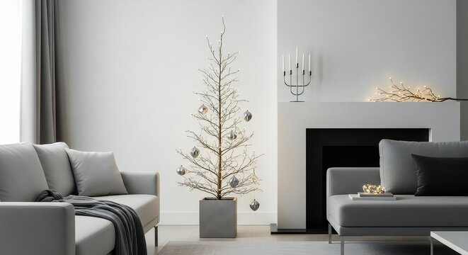 Minimalist holiday cheer elegant Christmas tree in modern grey living room radiates subtle festive warmth and style