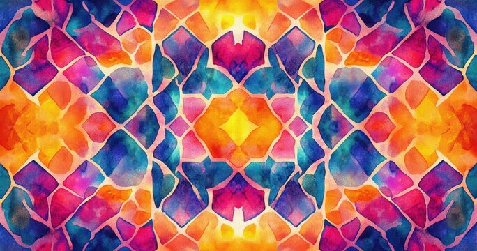 vibrant symmetrical watercolor mosaic pattern with rich hues of orange, purple, blue, and pink creating a radiant, kaleidoscopic visual effect - Powered by Adobe
