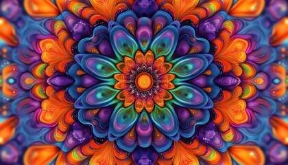 Vibrant abstract symmetrical floral pattern with layered petals in blue, orange, purple, and green hues creating a mesmerizing and energetic visual effect