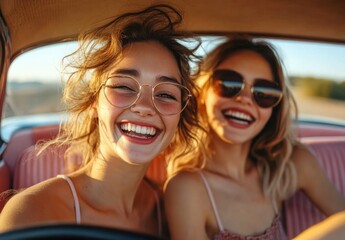 Two young women wearing sunglasses smiling happily inside a car during sunny day