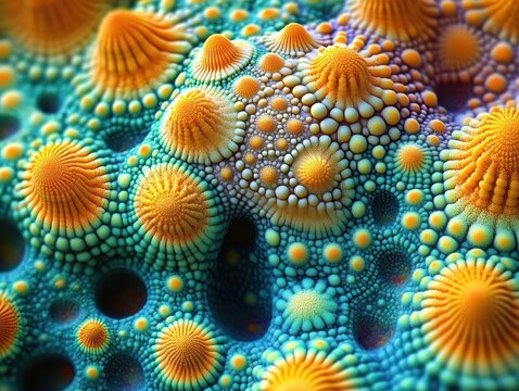 Close-up view of colorful textured abstract surface featuring clusters of rounded orange and blue shapes creating a complex organic pattern