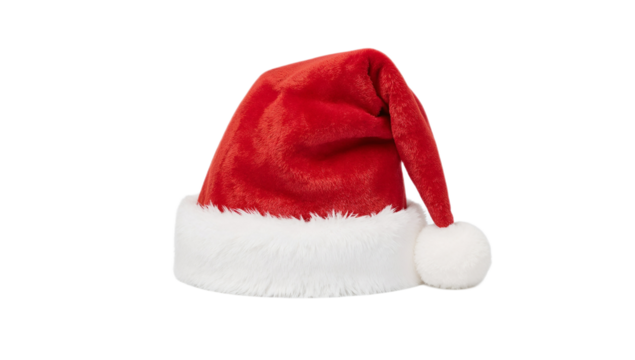 A classic red and white plush Christmas holiday hat with a fluffy pom-pom, presented in a minimalist and realistic style isolated on a clean white background